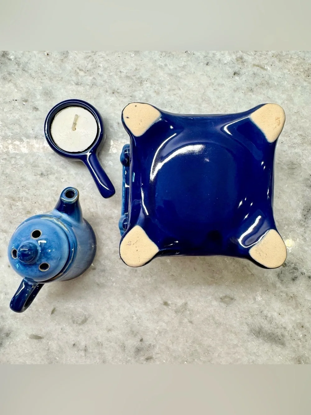New Rustic Blue Ceramic Stove & Tea Pot Tea Light Candle Oil Warmer Diffuser 6”